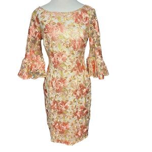 Adrianna Papell 4 Pink Embroidered Floral Dress Bell Sleeve Sheath Easter Party